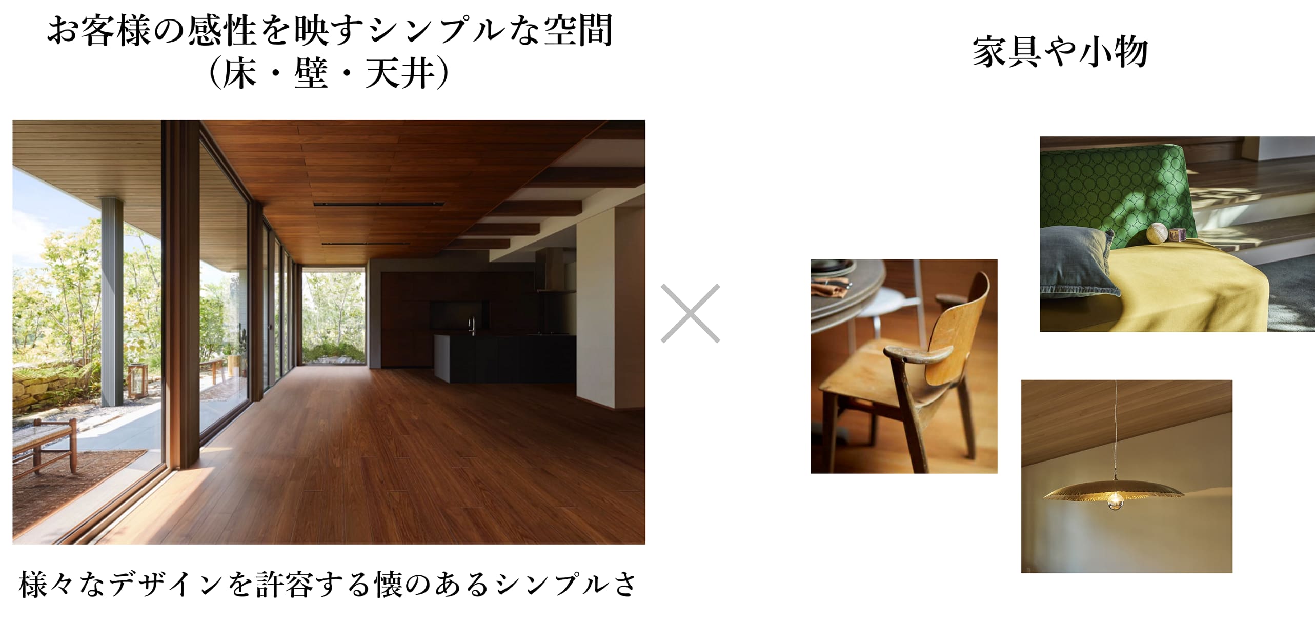 様々なデザインを許容する懐のあるシンプルさ　お客様の感性を映すシンプルな空間（床・壁・天井）×家具や小物