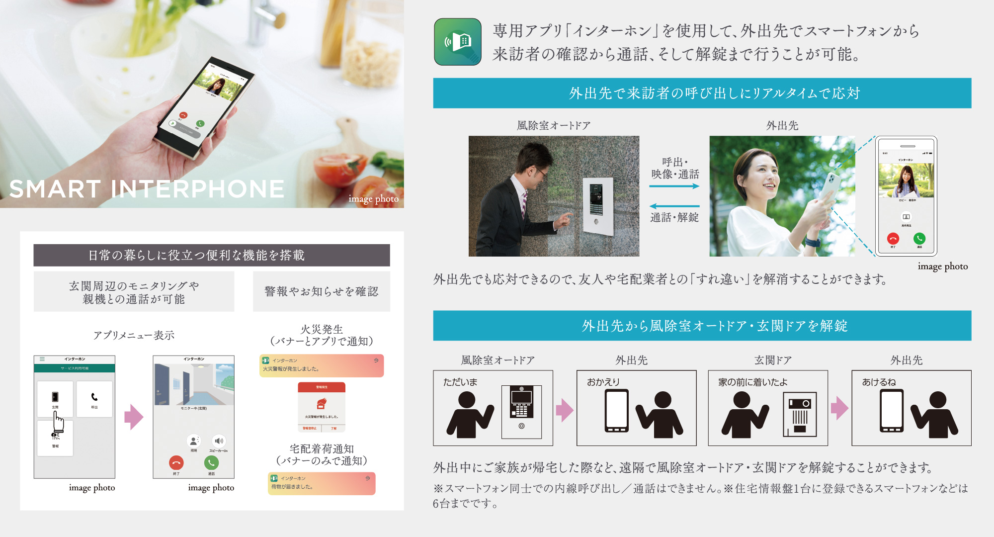 専用アプリ「インターホン」を使用して、外出先でスマートフォンから来訪者の確認から通話、そして解錠まで行うことが可能。