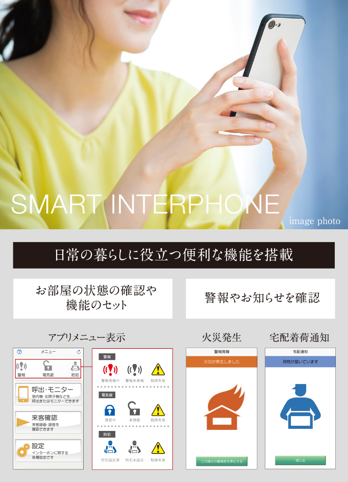 SMART INTERPHONE 日常の暮らしに役立つ便利な機能を搭載 お部屋の状態の確認や機能のセット 警報やお知らせを確認